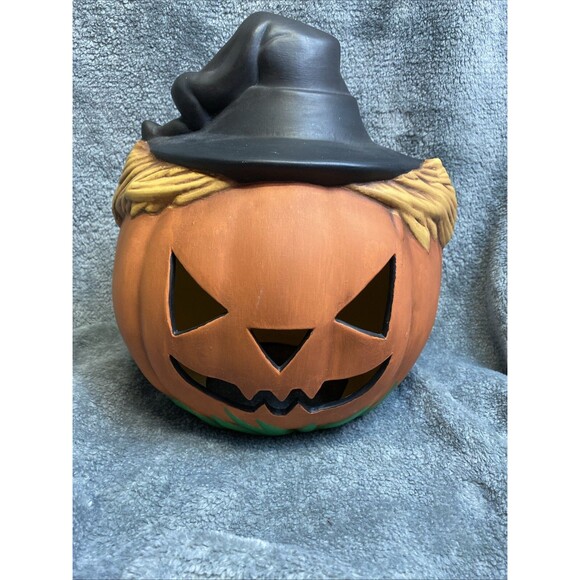 Unbranded Other - Halloween Vintage 1978 Pumpkin With Hat Ceramic, Hand Painted, Scarecrow Pumpkin